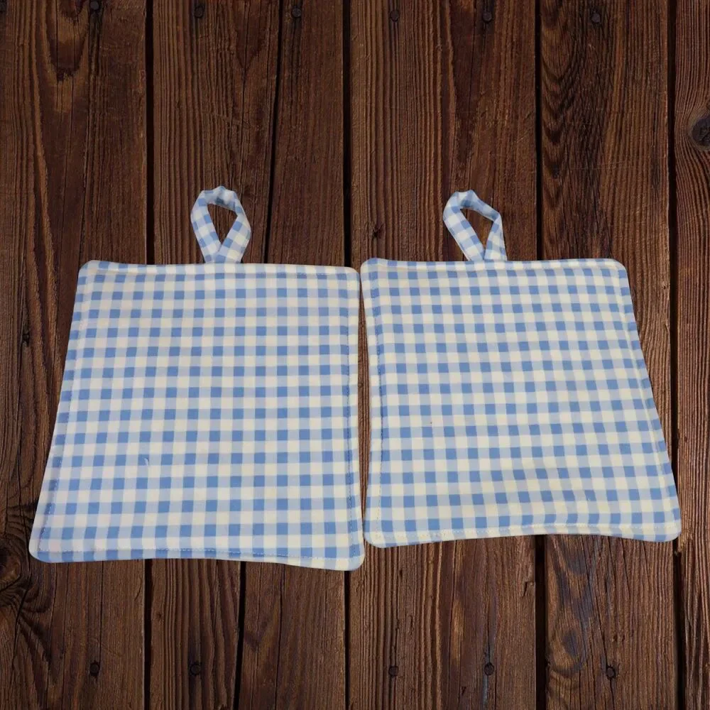 Handmade Potholder, Set of 2, Reversible Baking and Blue Gingham Hot Pads